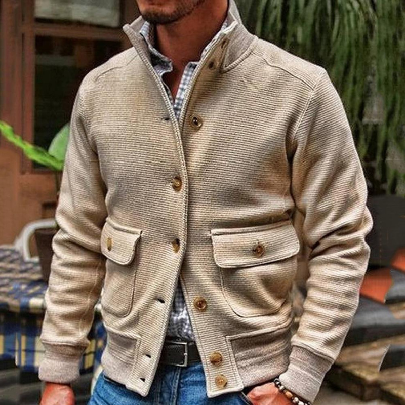 Men's Stand-Collar Jacket Button Pockets Polyester Long-Sleeve 3