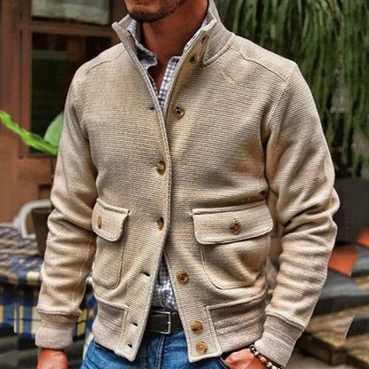 Men's Stand-Collar Jacket Button Pockets Polyester Long-Sleeve 3