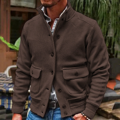 Men's Stand-Collar Jacket Button Pockets Polyester Long-Sleeve 4