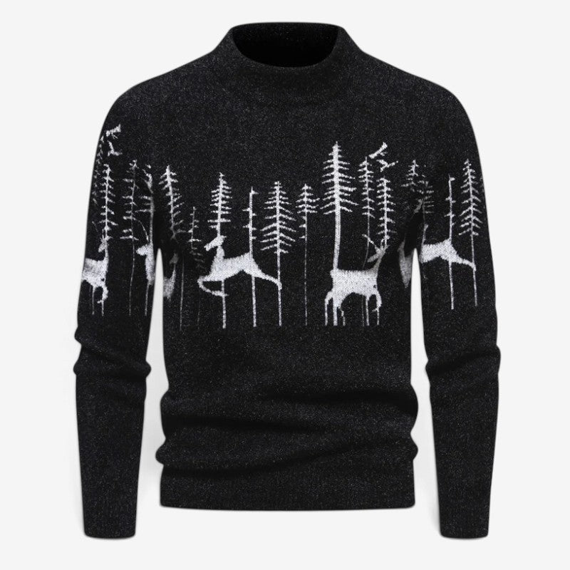 Men's Festive Pattern Crewneck Sweater Long-Sleeve Knit Pullover Black