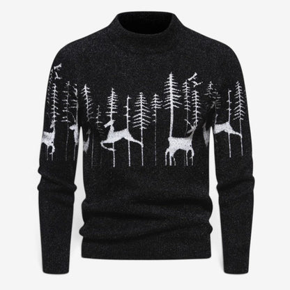 Men's Festive Pattern Crewneck Sweater Long-Sleeve Knit Pullover Black