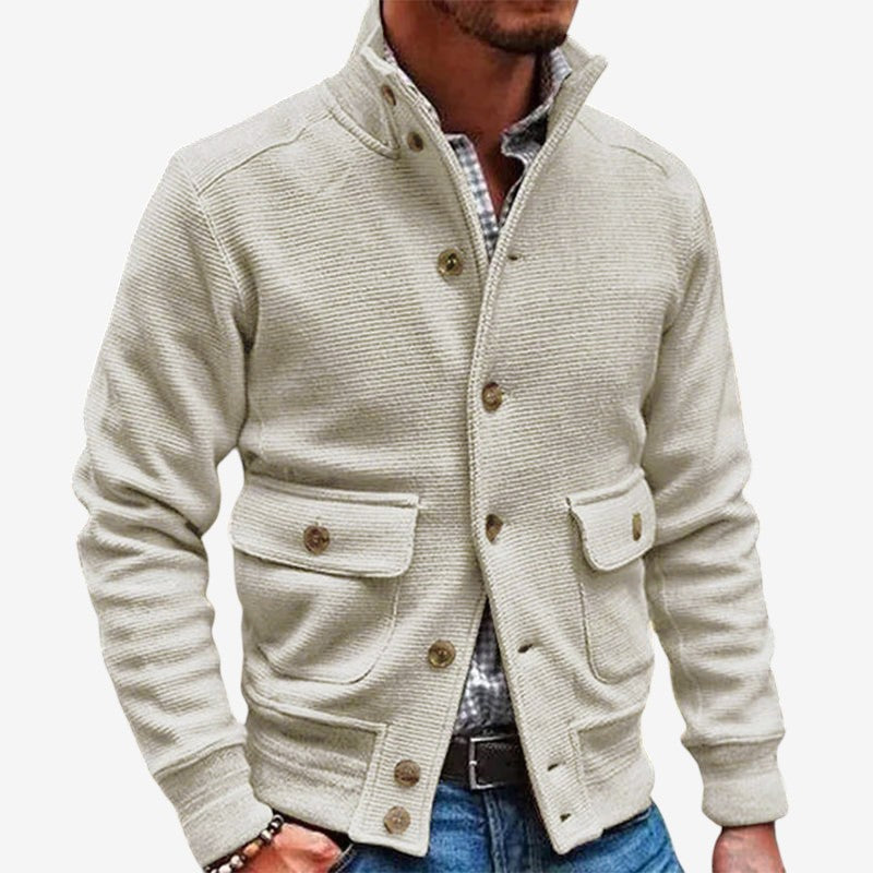 Men's Stand-Collar Jacket Button Pockets Polyester Long-Sleeve White