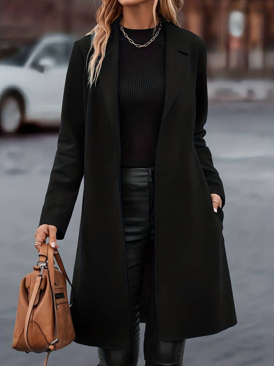 Women's Black Open-Front Long Jacket Minimalist Silhouette Black