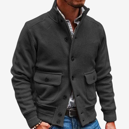 Men's Stand-Collar Jacket Button Pockets Polyester Long-Sleeve Black