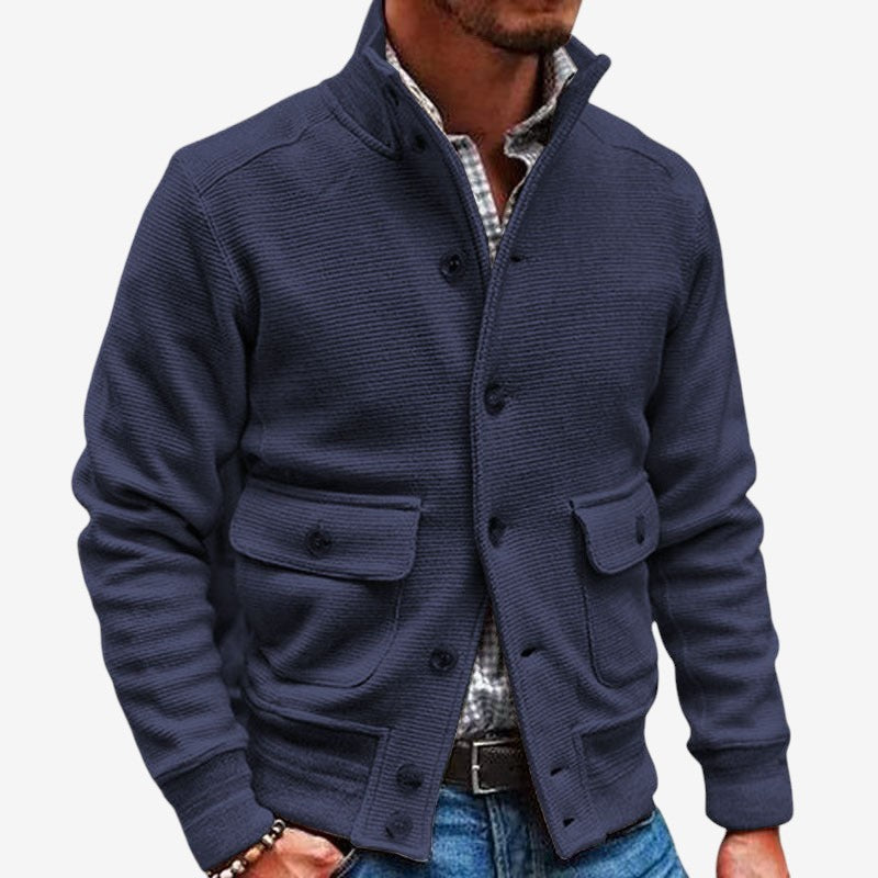 Men's Stand-Collar Jacket Button Pockets Polyester Long-Sleeve Navy