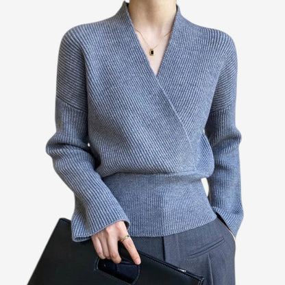 Women's Ribbed Wool Sweater Crossover V-Neck Long-Sleeve Blue
