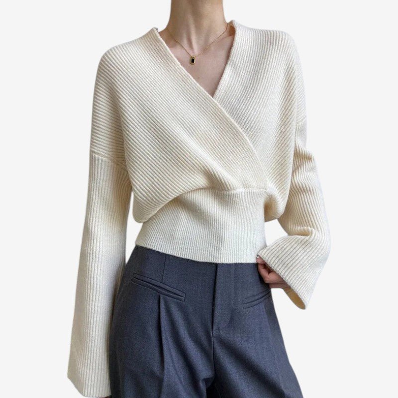 Women's Ribbed Wool Sweater Crossover V-Neck Long-Sleeve Beige