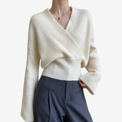 Women's Ribbed Wool Sweater Crossover V-Neck Long-Sleeve Beige