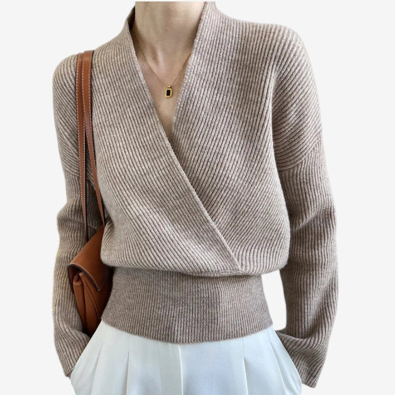 Women's Ribbed Wool Sweater Crossover V-Neck Long-Sleeve Brown
