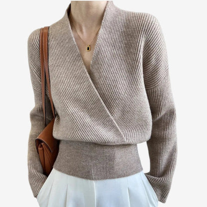 Women's Ribbed Wool Sweater Crossover V-Neck Long-Sleeve Brown