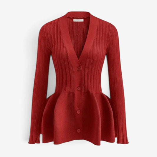 Women's V-Neck Button-Front Peplum Cardigan Long-Sleeve Red