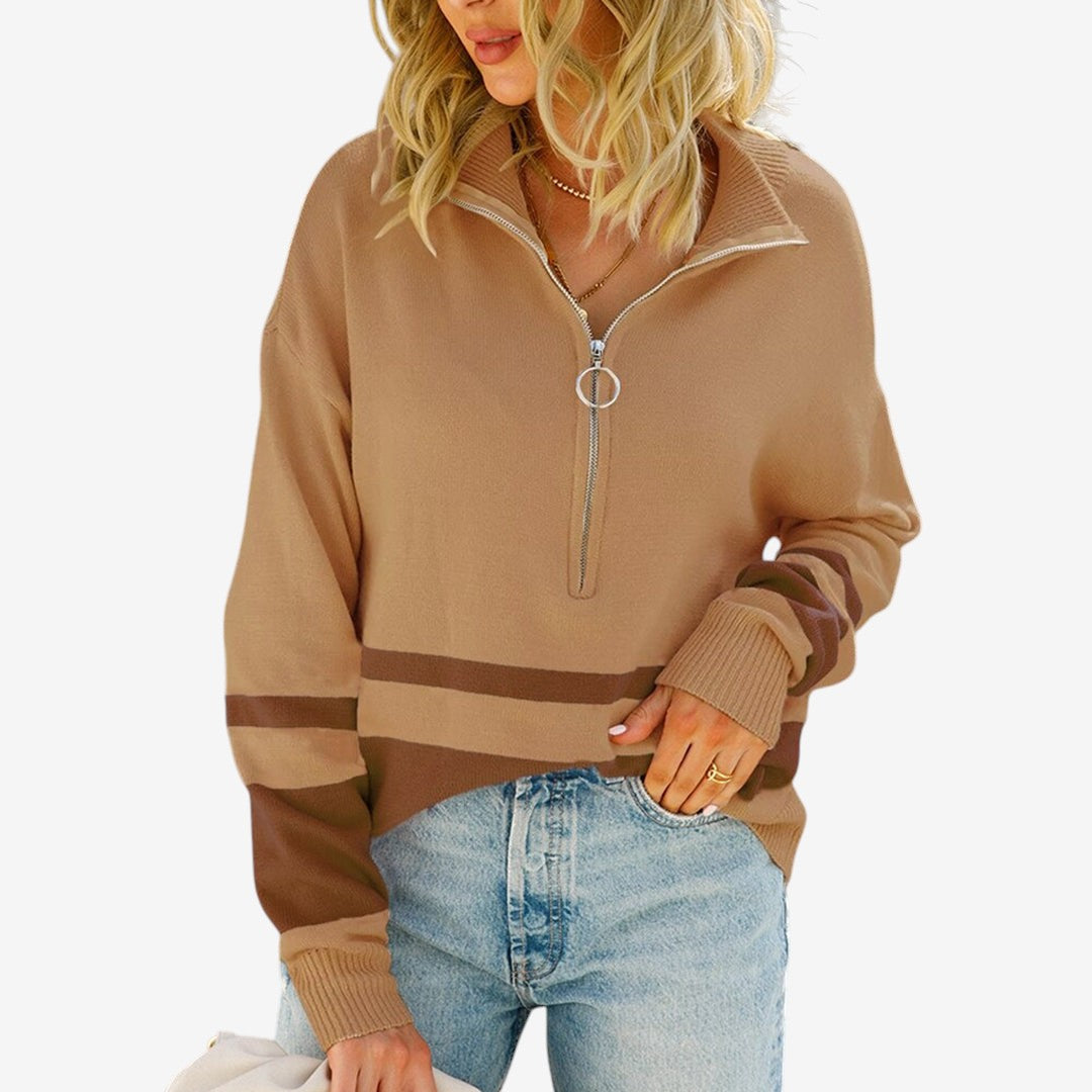 Women's Ribbed Half-Zip Sweater Long-Sleeve Polyester Brown