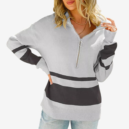 Women's Ribbed Half-Zip Sweater Long-Sleeve Polyester Gray