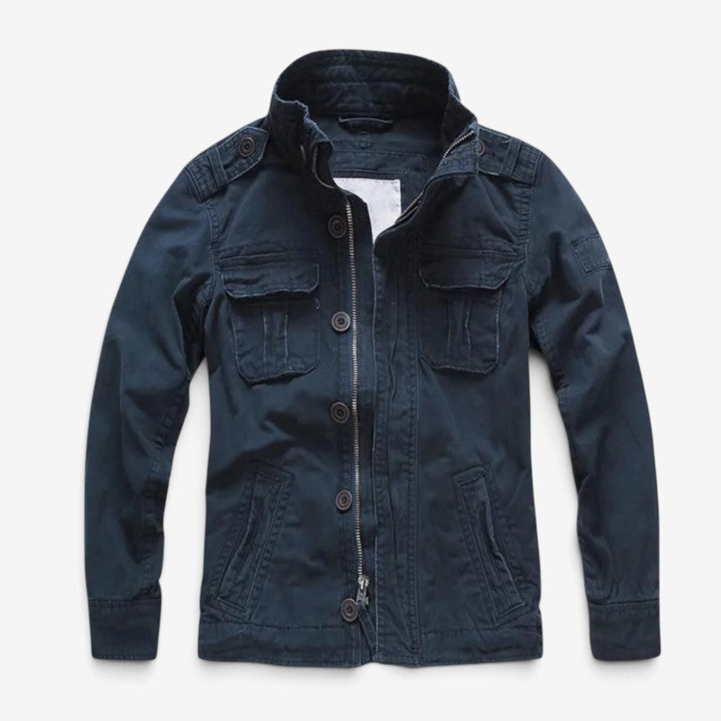 Men's Cotton Zip Button Jacket Multi-Pocket Long-Sleeve Blue