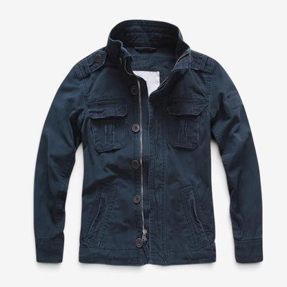 Men's Cotton Zip Button Jacket Multi-Pocket Long-Sleeve Blue