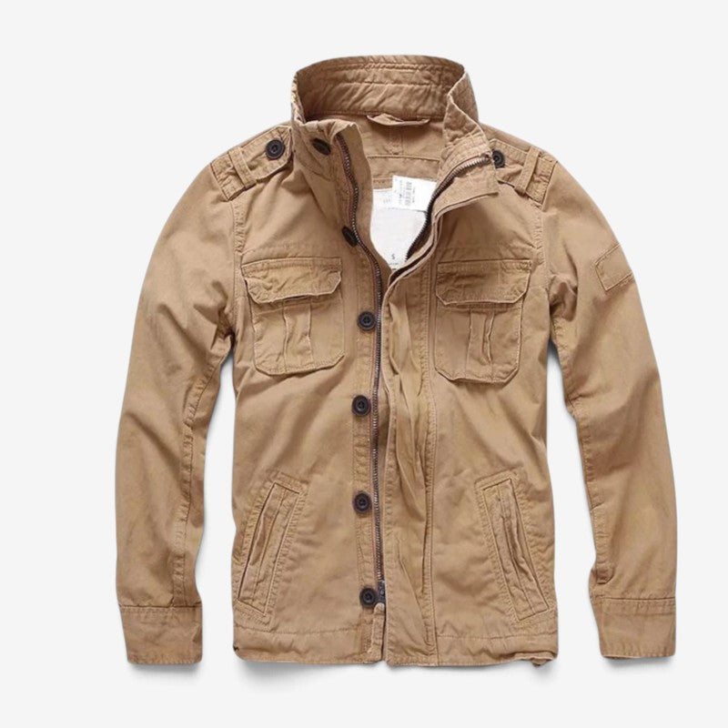 Men's Cotton Zip Button Jacket Multi-Pocket Long-Sleeve Khaki