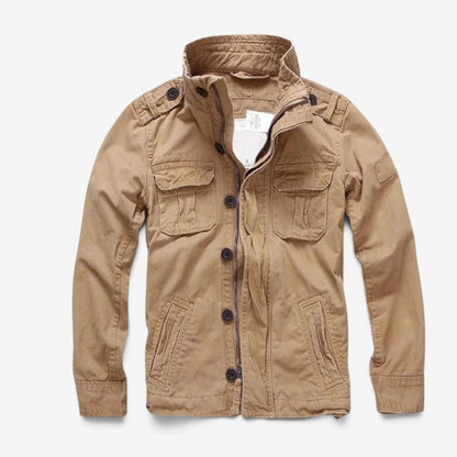 Men's Cotton Zip Button Jacket Multi-Pocket Long-Sleeve Khaki