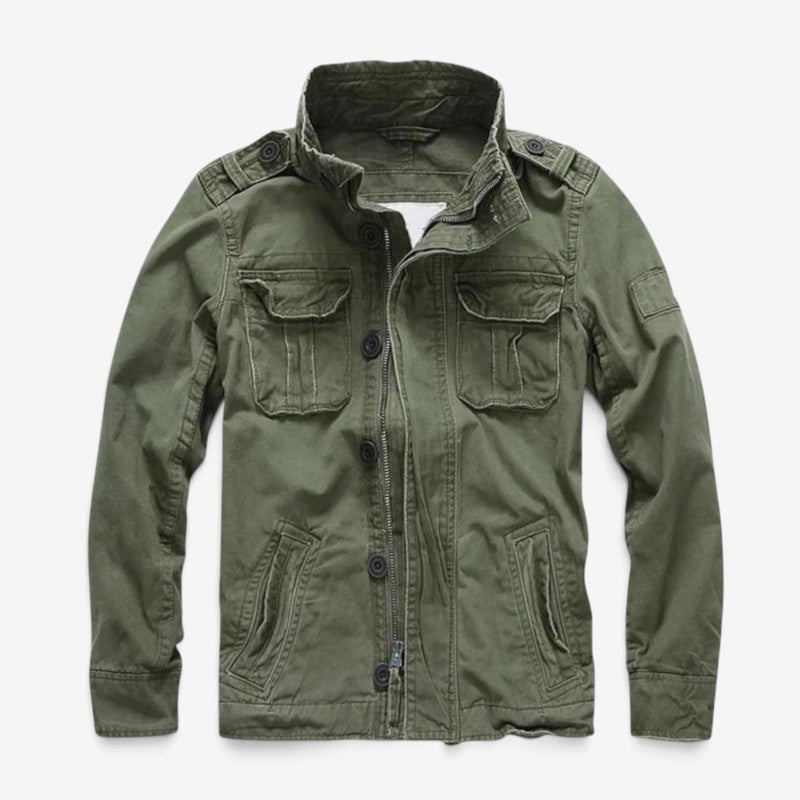 Men's Cotton Zip Button Jacket Multi-Pocket Long-Sleeve Green