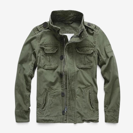 Men's Cotton Zip Button Jacket Multi-Pocket Long-Sleeve Green