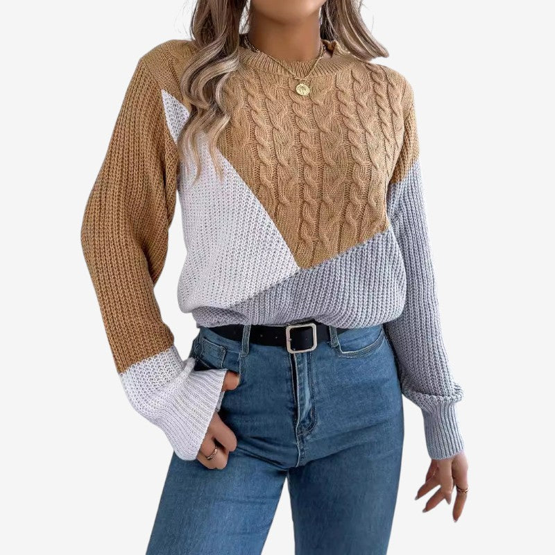 Women's Ribbed Round-Neck Long-Sleeve Polyester Sweater Brown