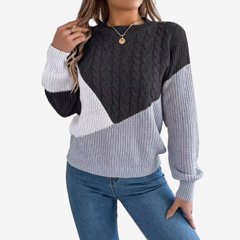 Women's Ribbed Round-Neck Long-Sleeve Polyester Sweater Black