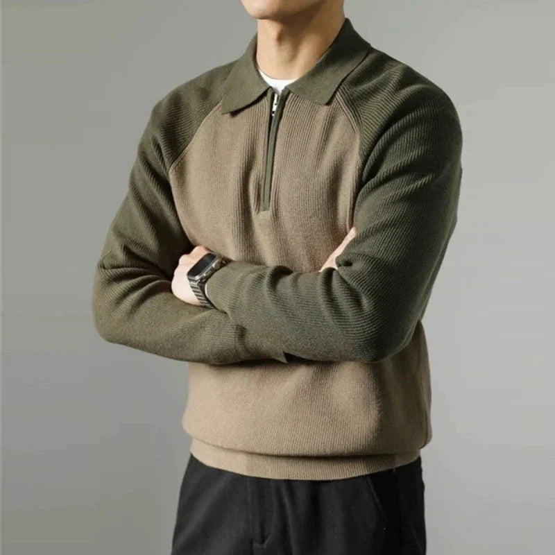 Men's Polo-Collar Half-Zip Long-Sleeve Polyester Sweater 5