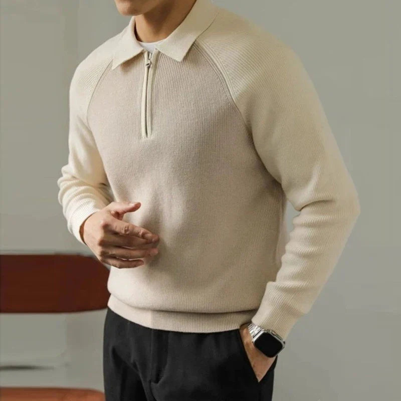 Men's Polo-Collar Half-Zip Long-Sleeve Polyester Sweater 2