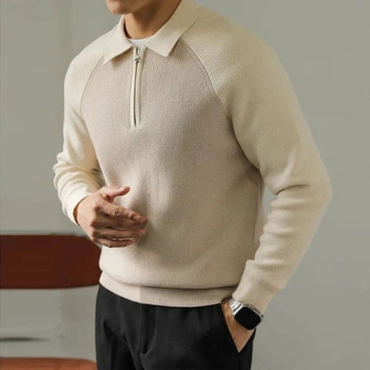 Men's Polo-Collar Half-Zip Long-Sleeve Polyester Sweater 2