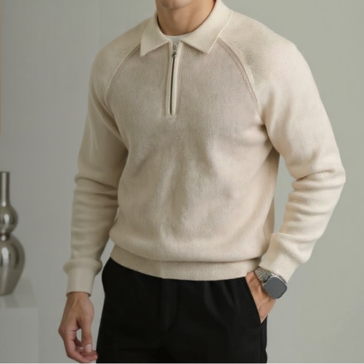 Men's Polo-Collar Half-Zip Long-Sleeve Polyester Sweater 1