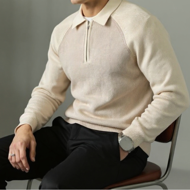 Men's Polo-Collar Half-Zip Long-Sleeve Polyester Sweater 4