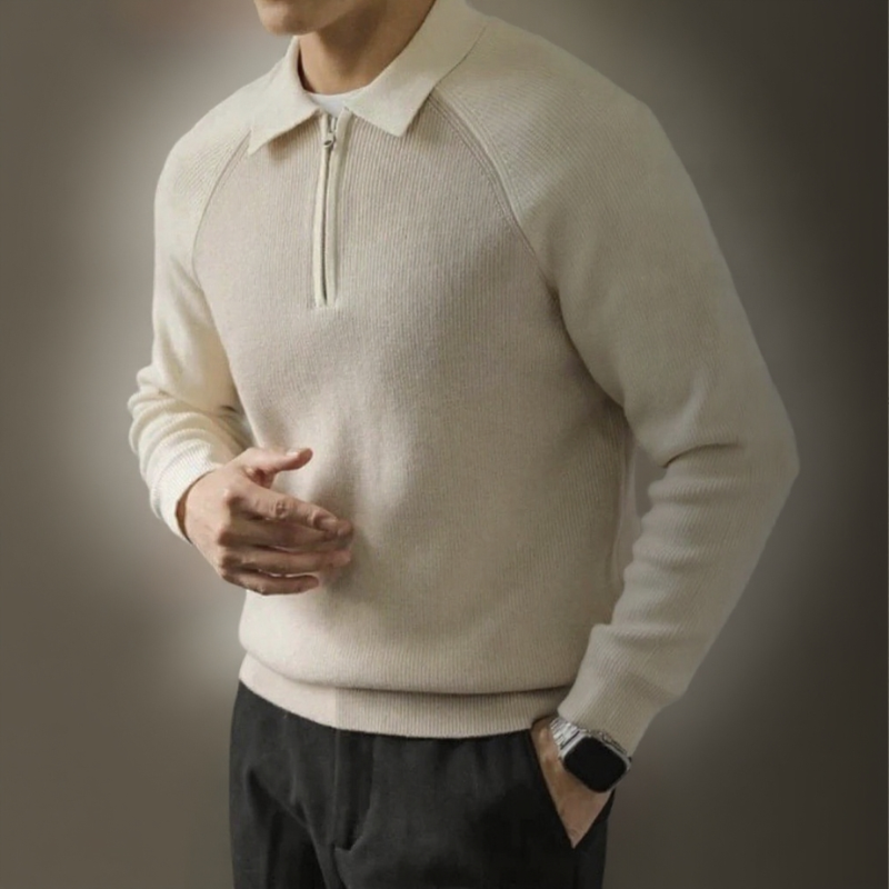 Men's Polo-Collar Half-Zip Long-Sleeve Polyester Sweater 3