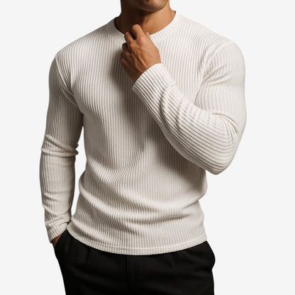 Men's Striped Round-Neck Fitted Long-Sleeve Sweater White