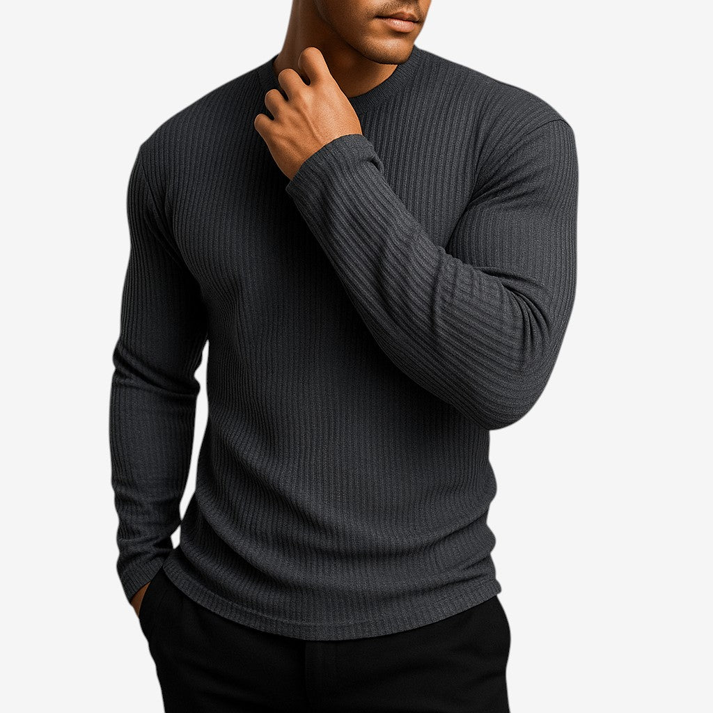 Men's Striped Round-Neck Fitted Long-Sleeve Sweater Gray