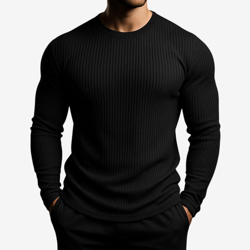Men's Striped Round-Neck Fitted Long-Sleeve Sweater Black