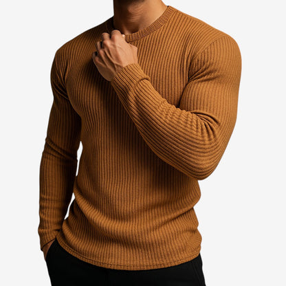 Men's Striped Round-Neck Fitted Long-Sleeve Sweater Brown
