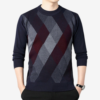 Men's Ribbed Round-Neck Long-Sleeve Sweater with Textured Trim Red