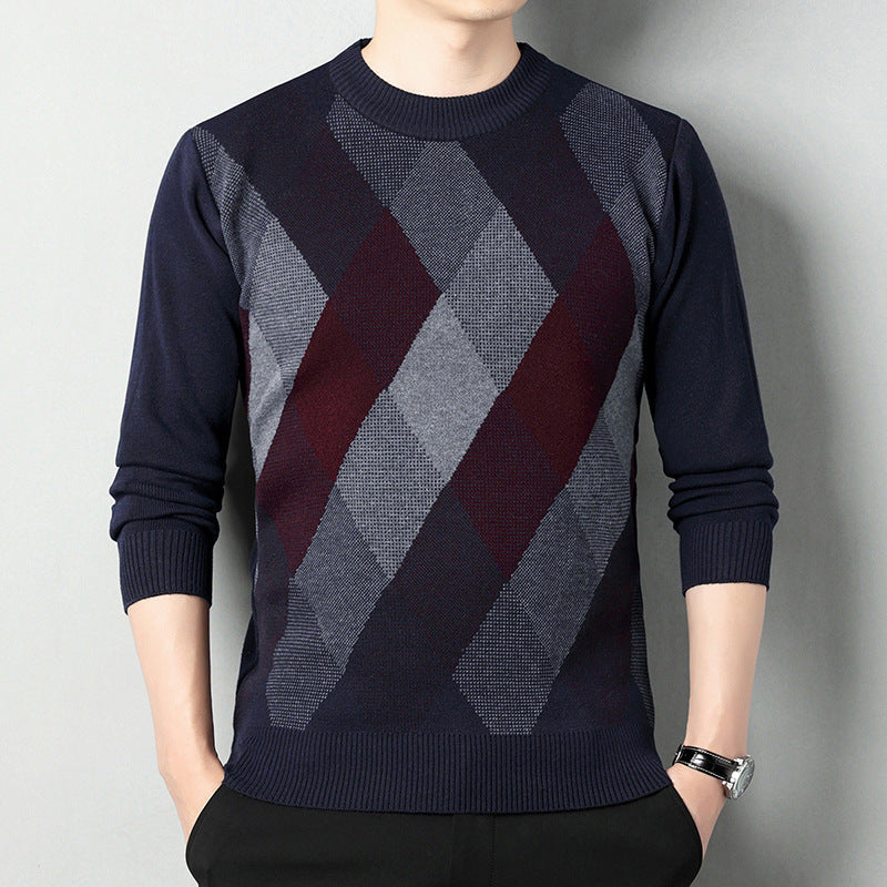 Men's Ribbed Round-Neck Long-Sleeve Sweater with Textured Trim 2