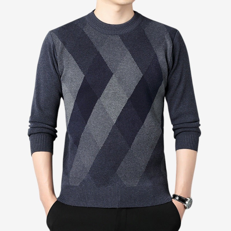 Men's Ribbed Round-Neck Long-Sleeve Sweater with Textured Trim Blue