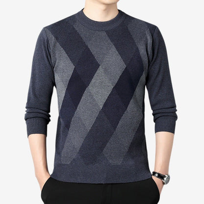 Men's Ribbed Round-Neck Long-Sleeve Sweater with Textured Trim Blue
