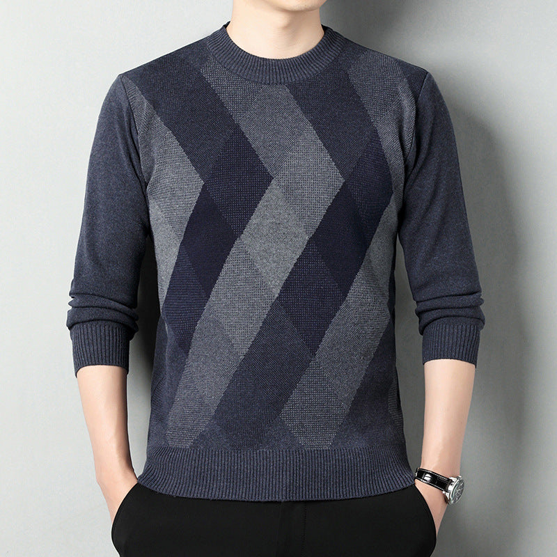 Men's Ribbed Round-Neck Long-Sleeve Sweater with Textured Trim 1
