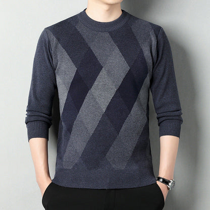Men's Ribbed Round-Neck Long-Sleeve Sweater with Textured Trim 1