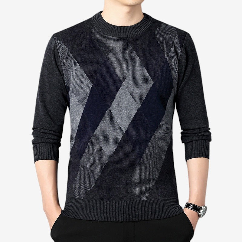 Men's Ribbed Round-Neck Long-Sleeve Sweater with Textured Trim Black