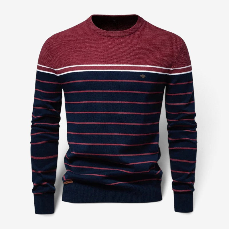 Men's Striped Round-Neck Cotton Sweater Long-Sleeve Black