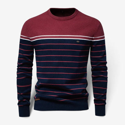 Men's Striped Round-Neck Cotton Sweater Long-Sleeve Black