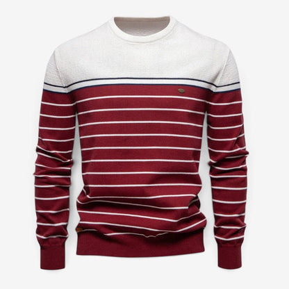 Men's Striped Round-Neck Cotton Sweater Long-Sleeve Red