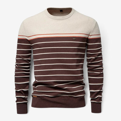 Men's Striped Round-Neck Cotton Sweater Long-Sleeve Brown