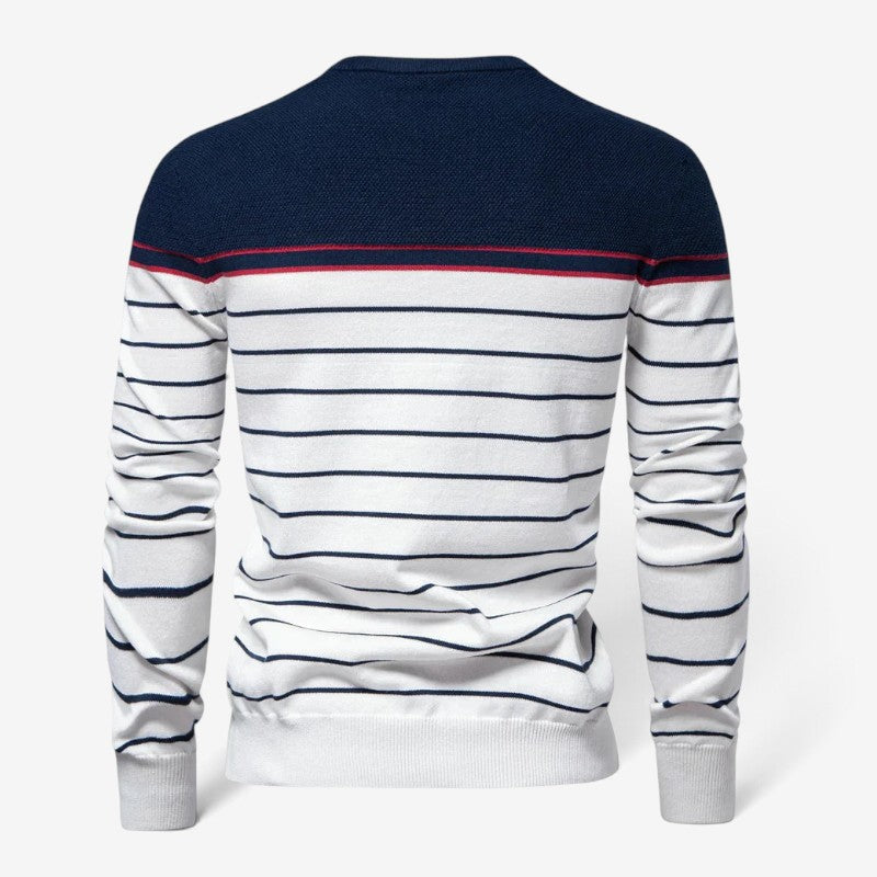 Men's Striped Round-Neck Cotton Sweater Long-Sleeve White