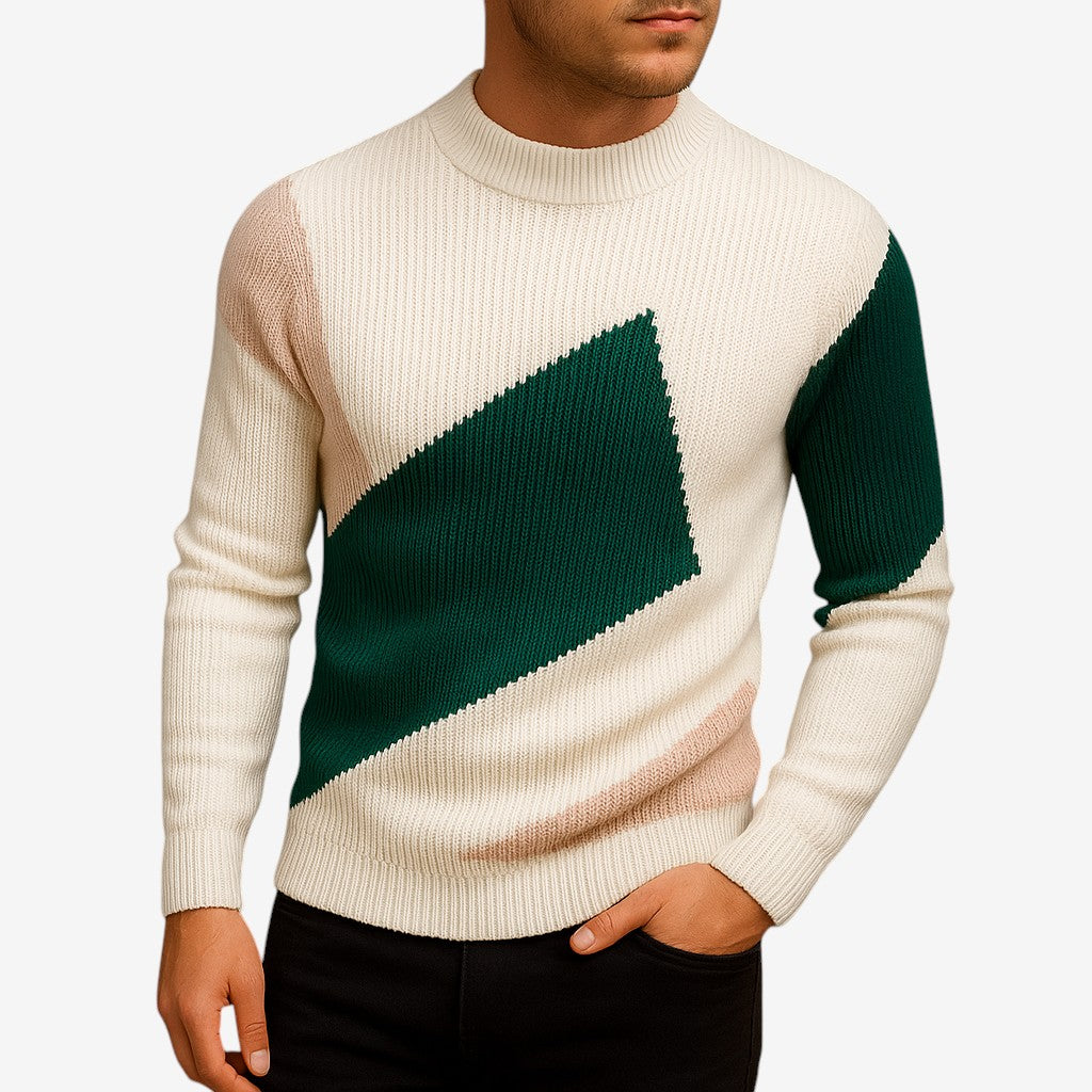 Men's Fitted Round-Neck Sweater Ribbed Trim Long-Sleeve White