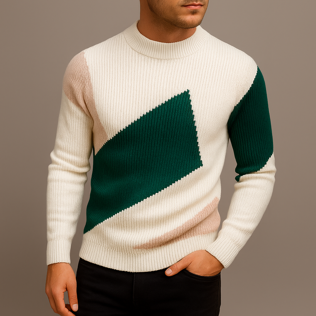 Men's Fitted Round-Neck Sweater Ribbed Trim Long-Sleeve 2