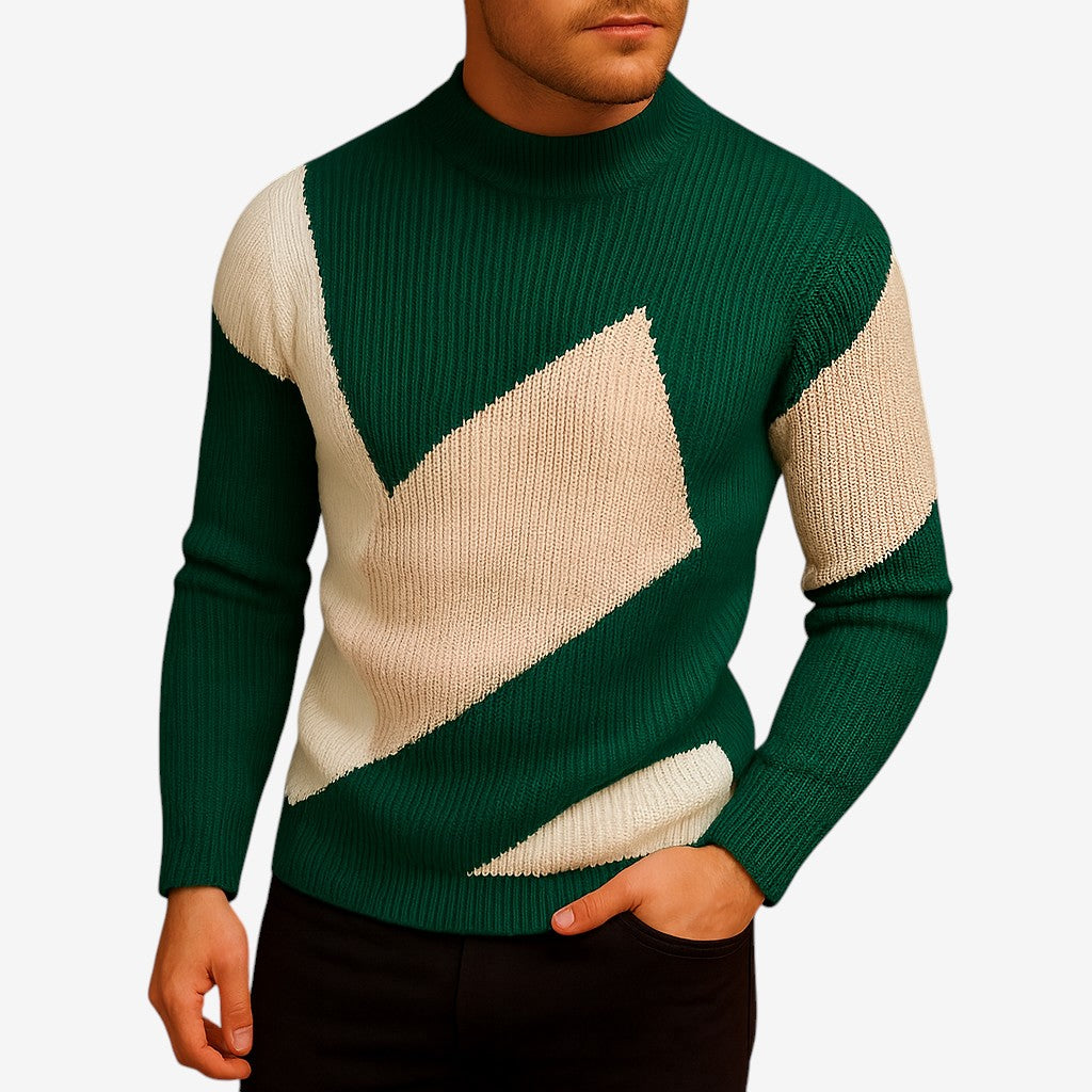 Men's Fitted Round-Neck Sweater Ribbed Trim Long-Sleeve Green